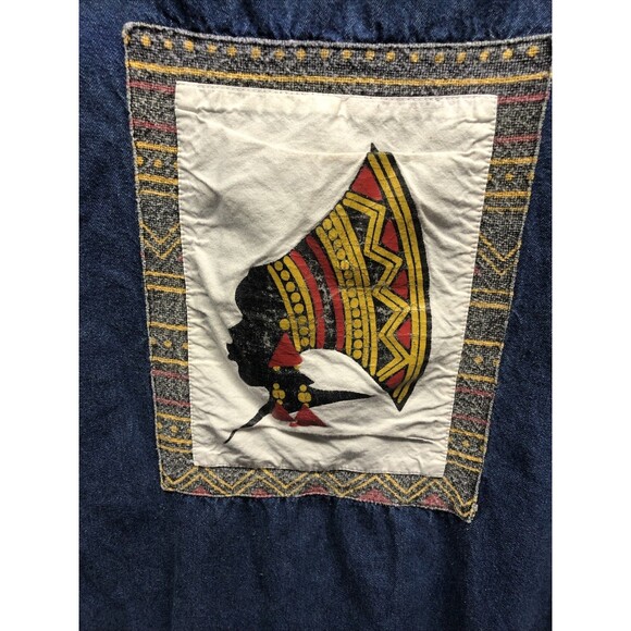 Denim Dress Nefertiti Embellished Ethnic Trim 1/2 Sleeve Midi Length V Neck - Picture 3 of 15